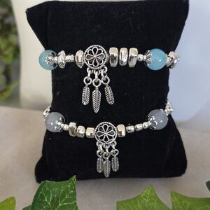 Silver and Aquamarine And Grey Stretch Bracelet with Dreamcatcher Charms